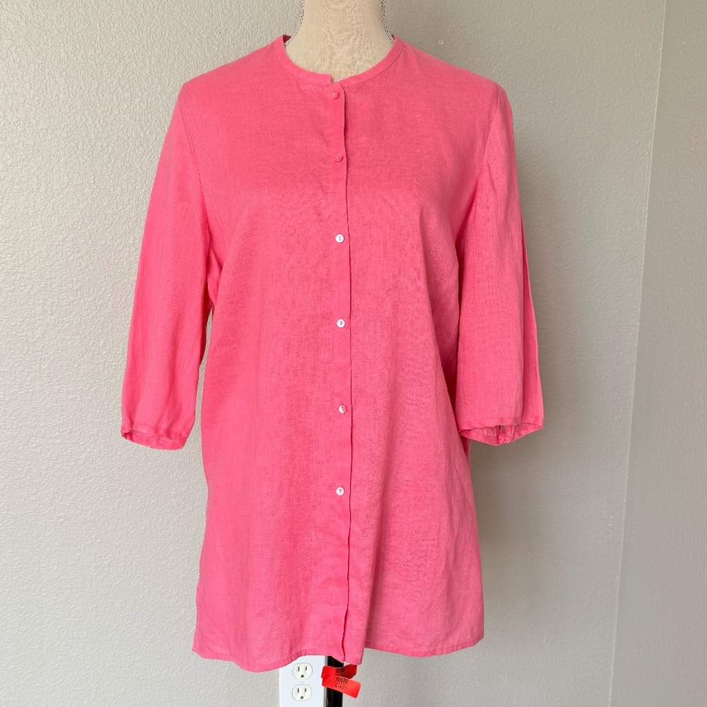 Paraphrase 100% Linen Button Up Tunic  Top 3/4 Sleeve Pink Summer‎ Coastal 1X